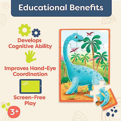 B. toys Pack o' Puzzles Wooden Dinosaur, 4 Pack, Wood Toys, 51-Piece Set | 4 wooden dinosaur puzzles with 12 pieces each, color-coded backs, sturdy wooden box for storage, Wood Toys, 3+ Years - style: Dino