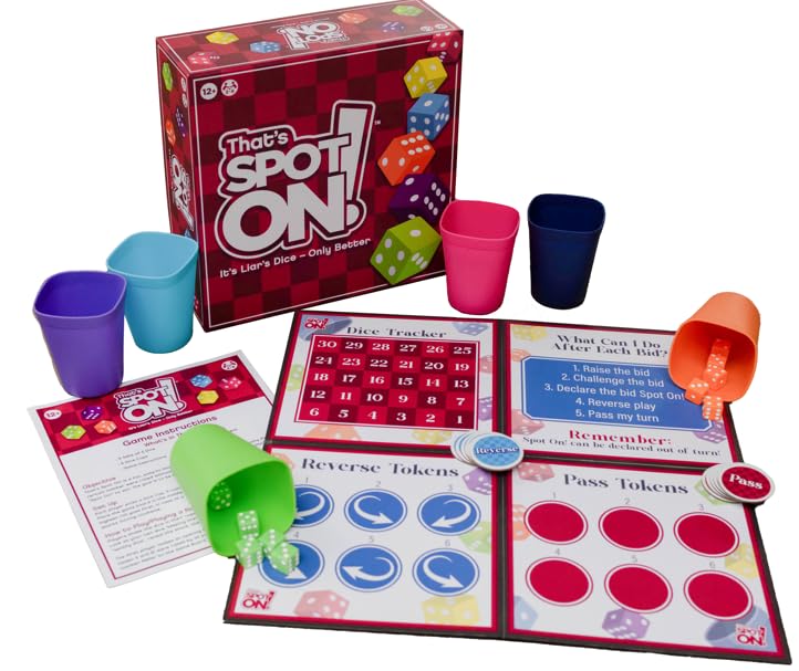 That's Spot On! Best Bluffing Strategy Game - Board, 6 Cups, 12 Tokens, 30 Dice – 2 to 6 Players, Ages 12+, Family Fun or Game Nights with Friends