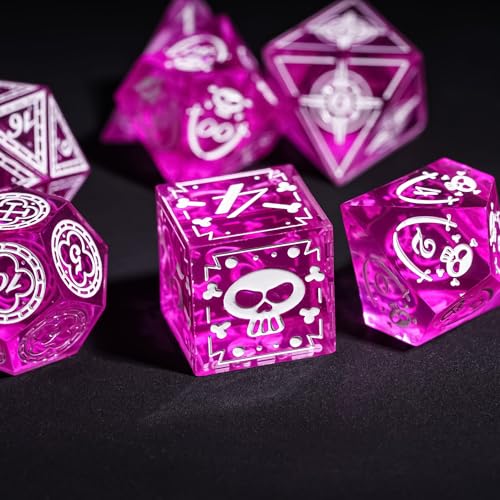 Cusdie 7-Piece Sharp Edges DND Dice Set with Pirate Design - Perfect for Tabletop RPGs Board Games Gifting and Collecting(Rose Red w/White Pirate Pattern) - color: Rose Red W/White Pirate Pattern