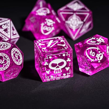 Cusdie 7-Piece Sharp Edges DND Dice Set with Pirate Design - Perfect for Tabletop RPGs Board Games Gifting and Collecting(Rose Red w/White Pirate Pattern) - color: Rose Red W/White Pirate Pattern
