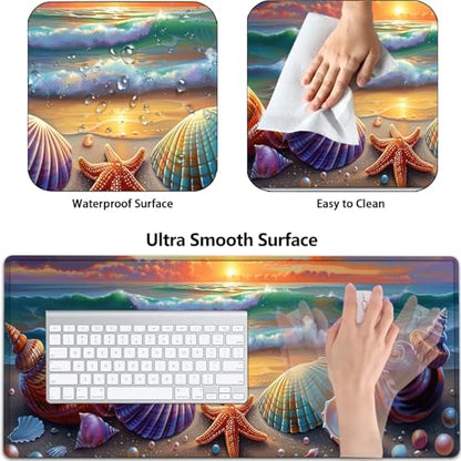 Large Gaming Mouse Pad+ Keyboard Wrist Rest Set, Ergonomics Memory Foam Mouse Mat Wrist Rest Support for Home Office, Waterproof Extended Mousepad 31.5x11.8in, Sea Waves Shells Desk Pad - color: Yvb-mousepad-9-f-168