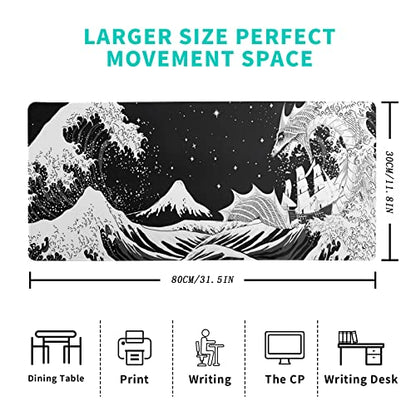 Black and White Japanese Wave Dragon Gaming Mouse Pad - Abstract Mat with Non-Slip Rubber Base, 31.5x11.8 Inch, Stitched Edges - Desk Pad for Office and Home - color: Japanese Waves Sea Dragon