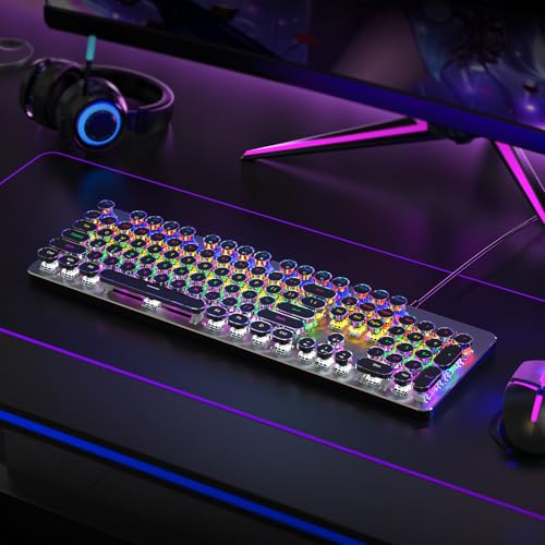 Typewriter Wired Mechanical Gaming Keyboard, Blue Switch LED Backlit | Metal Panel, Retro Punk Round Keycaps, 104 Keys Wired Keyboard for PC Laptop Mac Gamer, LED Rainbow Backlit,RisoPhy