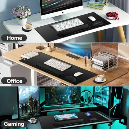 Mouse Pad Black, Mouse Pad with Wrist Rest, 4-in-1 Large Mousepad+Keyboard Wrist Rest+Mouse Pad Wrist Support+Cup Pad Set,Ergonomic Anti-Slip,Memory Foam Desk Mat for Home Office Gaming(35.4×15.7in) - color: Black