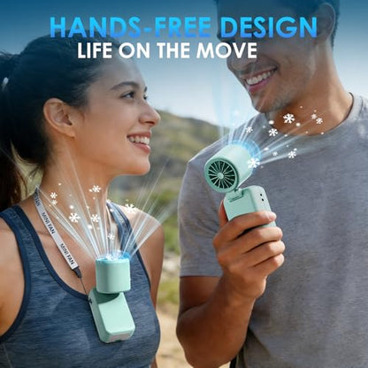 FurBall 4-IN-1 Portable Handheld Fan with Ice Cooling, High-speed Turbo Power 100 Gear Adjustable, LED Display, 6000mAh Rechargeable Battery, Foldable & Quiet Personal Fan for Travel, Office, Outdoor - color: Mint Green