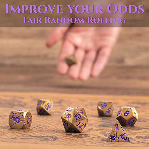 Metal Dice for DND - Ancient Cracked Pharaoh Ruins - Gold Purple Cracks | Beautiful 7pc Polyhedral Dice Set, Smooth Rolling, Role Playing Games (RPG), Compatible with D&D, for Dungeons and Dragons - color: Ancient Dark Gold Purple