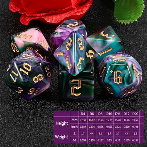 QMAY DND Dice Set -D&D Polyhedral Dice (7 Pcs) for Dungeons and Dragons (Purple Green Four Colors) - color: Purple Green Four Colors