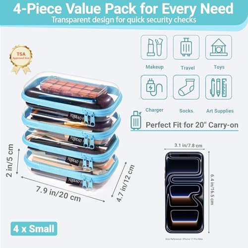 YQBRAO 4-Pack Clear Hard Shell Zipper Case, 1.2mm Ultra-Thick Diaper Bag Organizer Pouches, Rigid Self-Standing Travel Makeup Bags with YKK Zippers, TSA Approved, Blue - color: Blue, size: 4 Pack(S)