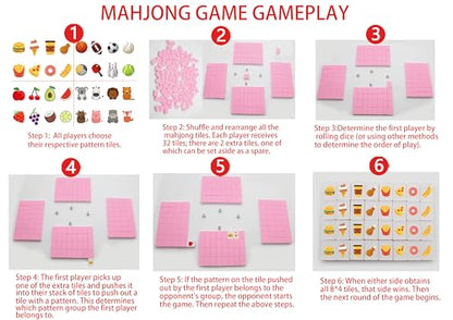 4 Players Mahjong Block Set, 128 Pink Tiles(1.18”) with 4 Different Patterns, Portable Plastic Mahjongg Set with A Carry Bag & Instruction, Mahjong Tile Game for Adult