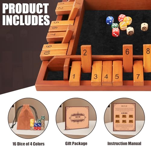 Toidgy 4 Players Shut The Box Dice Games, Wooden Board Table Math Game with 12 Dice and Instructions, Classics Close The Box Board Game for Adults Kids, Family Classroom Home or Bar