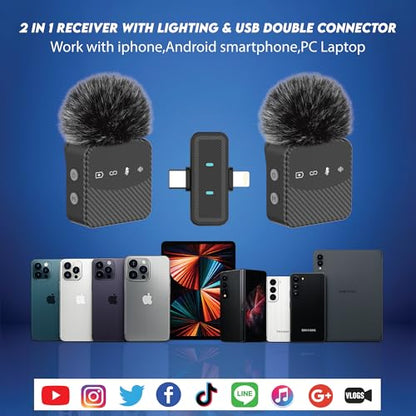 Wireless Lavalier Microphone for iPhone Android Mini Mic with Charging Case | Auto pairing clip-on mini mic, noise reduction, windproof net, works with laptops, for video recording and vlogging