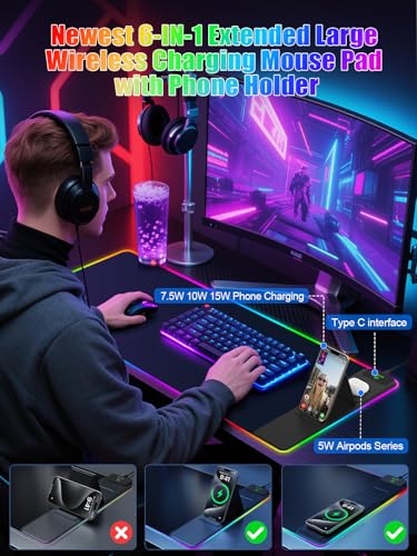 Mouse Pad with Foldable Phone Holder & Wireless Charger, XXL RGB Gaming Mousepad 31.5"x15.8" Large Desk Mat for Keyboard, Black Desk Pad with Dual Qi Charging Station | 11 Colors 5 Modes | Waterproof - color: 31.5x15.75"Phone Stand-Black Right Upgraded