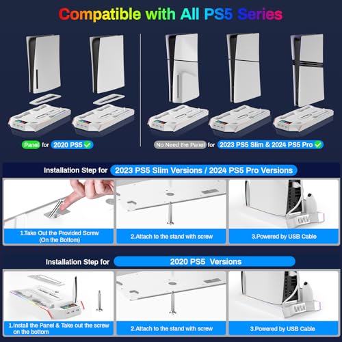 PS5 Cooling Station Stand RGB with Dual Controller Charging Station for PlayStation 5 Console, PS5 Accessories Incl. Controller Charger, Cooling Fan, Headset Holder, 3 USB Hub - color: color-white
