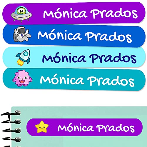 50 Personalized Adhesive Labels to Mark Objects 2.3 x 0.4 in. Waterproof Stickers to Mark School Supplies, Books, kindergartens Goods, Summer Camps, Children's Toys, etc. - color: Galaxy