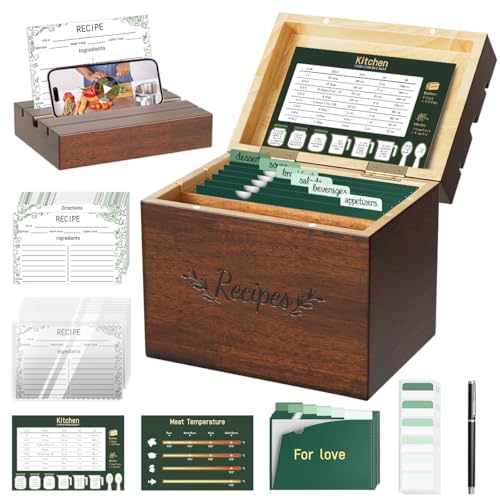 Vintage Wooden Recipe Box Set, 100 Recipe Cards, L-Shaped Dividers | Fits 3x5 and 4x6 cards; pine wood box holds 300+ with 102 protectors and 12 dividers, a wedding or housewarming gift - color: Brown