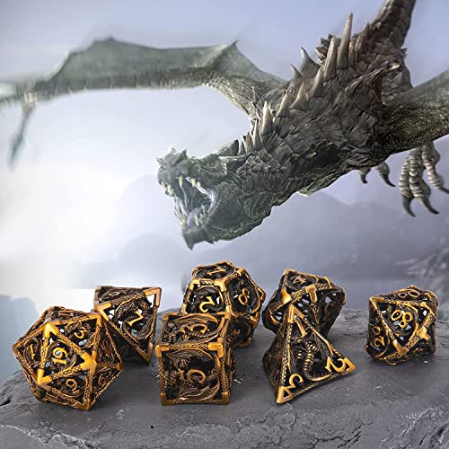 DND Dice,Hollow D&D Metal Dice,Dungeons and Dragons Dice Set with Gift Box,7 PCs Steampunk Polyhedral Dice Games Set for RPG,MTG,Pathfinder,(Dragon Ancient Golden) - color: Dragon Ancient Golden