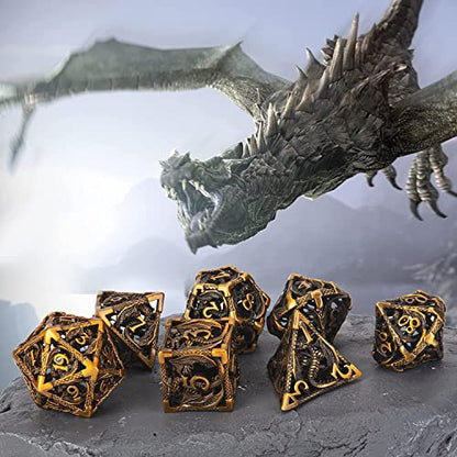 DND Dice,Hollow D&D Metal Dice,Dungeons and Dragons Dice Set with Gift Box,7 PCs Steampunk Polyhedral Dice Games Set for RPG,MTG,Pathfinder,(Dragon Ancient Golden) - color: Dragon Ancient Golden