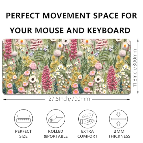 Embroidered Flower Wildflower Embroidery 3D Pattern Mouse Pad Desk Pad,Stitched Edges Non-Slip Waterproof Rubber Base Mous Mat for Office,Computer,Keyboard,Laptop and Home Desk Pad(27.5X11.8 in) - color: Embroidered Flower