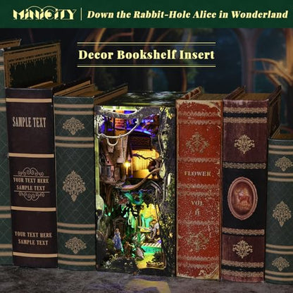 MiniCity Down the Rabbit Hole Book Nook Kit, DIY 3D Wooden Puzzle with LED | 7.1 x 4.3 x 9.1 in; 400 pieces, LED and dust cover; glue/tools and guide included; 8-10 hr DIY build for display, ages 14+. - style: Down The Rabbit-Hole Alice in Wonderland