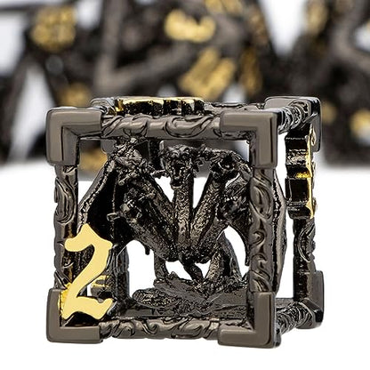 ARUOHHA Hollow DND Dice Set Black Gold 5-Headed Dragons D and D Dice with Gift Box, RPG Role Playing Games 7PCS Metal Dungeons Polyhedral Dice Set D20 D12 D6 - color: Black Gold-02