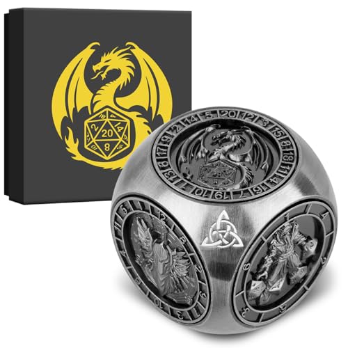 DND Fingertip Spinner Dice, Metal Dice Set with 3D Pattern, Polyhedral Rotating Game Dice, for DND Gifts with Dragon Logo Gift Box, Role Playing Board Game Accessories, Silver - color: Dark Silver