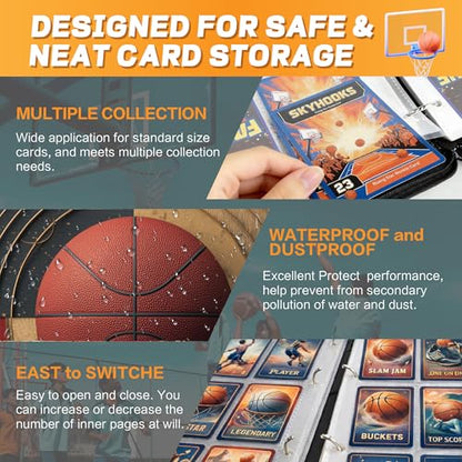 Basketball Card Binder with Sleeves, 9-Pocket Portable Card Protectors Album Holder Book with Zipper, Fits 900 Cards with 50 Removable Sleeves, Basketball Cards Display Storage Carrying Case -XS01 - color: Lanqiu-XS01-900 cards