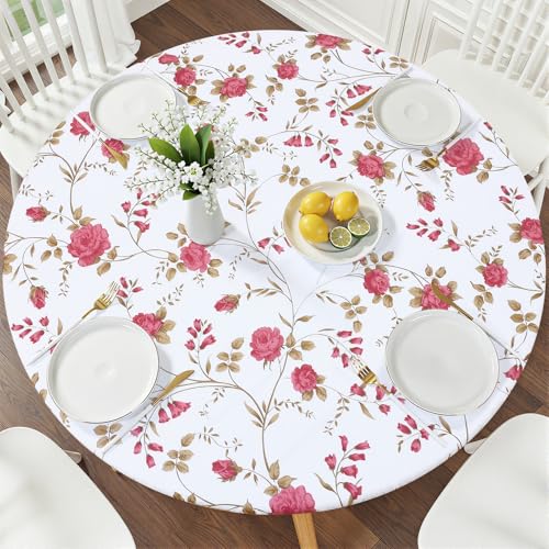 Smiry Round Picnic Tablecloth, Waterproof Elastic Fitted Table Covers for 36" - 44" Tables, Wipeable Flannel Backed Vinyl Tablecloths for Camping, Indoor, Outdoor, Beige & Pinkish Purple - color: Beige & Pinkish Purple, size: For Up to 36"-44" Round