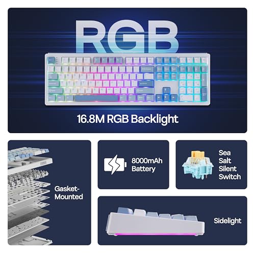 MechLands EPOMAKER TH108 Full Size Mechanical Keyboard, Wireless Gaming Keyboard, 8000mAh Battery, Creamy Gasket, 108 Keys, Hot Swap, Custom Driver, RGB Backlights (Blue&White, Sea Salt Silent Switch) - color: Blue&White, size: Sea Salt Silent Switch