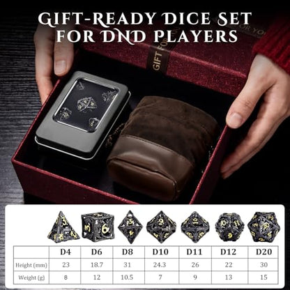 MoKo Dragon Hollow Metal DND Dice Set, Black+Gold | 7 Pcs Polyhedral, D20 D12 D10 D8 D6 D4, For Dungeons and Dragons RPG Games, With Gift Box - color: 4 - Black+gold