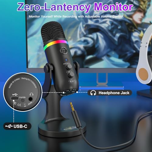 ZealSound Podcast Microphone for PC, USB Mic with Noise Reduction, Tap-to-Mute, Gain & Echo Controls, Zero-Latency Monitoring, RGB Lighting for Mac, iPhone, iPad, Live Streaming & Voice-Over K66 Pro - color: RGB