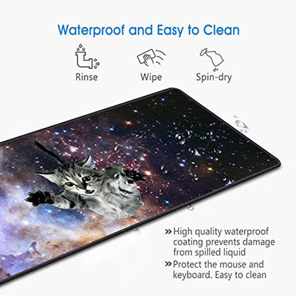 Desk Pad Mat Gaming Mouse Pads with Coasters Set, Stitched Edges Design Mouse Pad XXL Large Mouse Pad for Laptop Computers Galaxy Fly Cat Desk Writing Mat for Office & Home 31.5x 11.8 - color: Galaxy Fly Cat