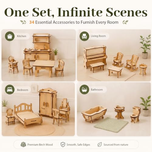 34PCS Wooden Dollhouse Furniture Set, 1:20 Scale | Miniature Furniture for Kitchen, Living Room, Bathroom. STEM Classroom Educational Toy for DIY Crafts and Creative Building