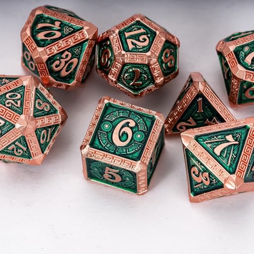 7-Piece Metal Dice Set - Mayan-Themed Zinc Alloy DND Dice for Tabletop Gaming, Gift, and Collecting - color: Mayan-themed-copper Green