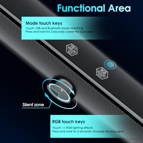 Computer Speakers for Desktop PC, Bluetooth Computer Sound Bar, Wireless PC Soundbar, Bass Boost, Hi-Fi Stereo Desktop Speakers with Touch Buttons for Laptops, Phone, Gamer, Families - color: Rechargeable