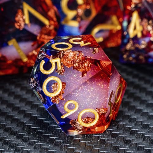 ARUOHHA Liquid Core DND Dice Set, 7pcs Resin Sharp Edged Dragons Dice Compatible with D&D Role Playing Games, RPG Golden Numbers Blue Red Dungeons Polyhedral D and D Dice with Gift Box D20 D10 D6 - color: Shiny-blue Red