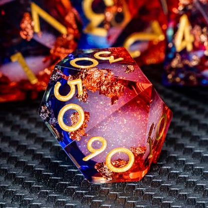 ARUOHHA Liquid Core DND Dice Set, 7pcs Resin Sharp Edged Dragons Dice Compatible with D&D Role Playing Games, RPG Golden Numbers Blue Red Dungeons Polyhedral D and D Dice with Gift Box D20 D10 D6 - color: Shiny-blue Red