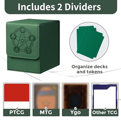 Card Deck Box with 2 Dividers, MTG Commander Deck Box Holds 100+ Double-Sleeved Cards, Leather Magnetic Deck Case Compatible with Magic TCG CCG Cards, Green - color: 2. Green, size: 100 Double-sleeved Cards Vertical