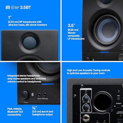 PreSonus Eris 3.5BT Studio Monitors, Pair — 3.5" Inch Powered Bookshelf Speakers, Stereo, Desktop Computer, Near Field Music Production, Audio Mixing Recording, Black | 3.5 Woven Woofer, 1 Silk-Dome Tweeter, 25W and Side, Trs, Rca and 3.5mm Inputs, High a