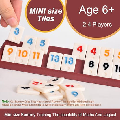 Smilejoy Mini Rummy Cube Six Player Edition, Travel Rummy Game Set with Portable Canvas Bag,Classic Board Game for Adults and Kids |160 Tiles|6 Playing Racks|1 Dice (2-6 Player) - style: Mini (2-6 player)