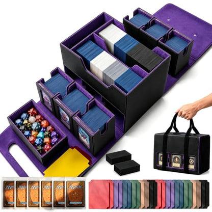 MTG Deck Box for Commander & TCG, Trading Card Storage Box with Handle | 7-in-1 Cards Deck Case with dual-sided windows, 2-layer design, 6 deck case, 1 dice tray, 6 magnetic holders & accessories - color: Super Large - Black Purple
