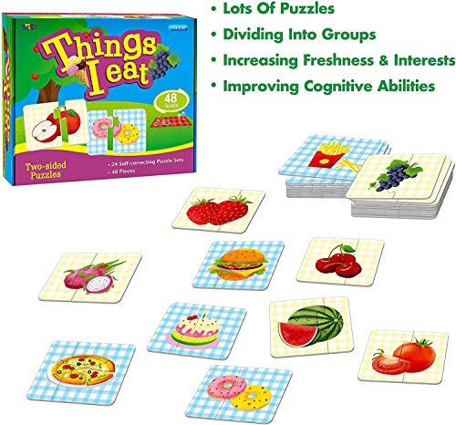 48 Food Matching Puzzles with Error-Correction Mechanism Pre-Primer in 2 Pieces, Perfect for Preschool Learning (24 Blocks Double Sided) - style: Food
