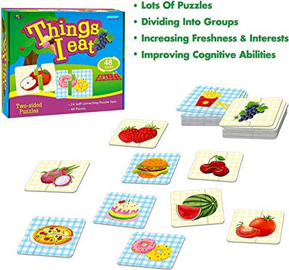 48 Food Matching Puzzles with Error-Correction Mechanism Pre-Primer in 2 Pieces, Perfect for Preschool Learning (24 Blocks Double Sided) - style: Food