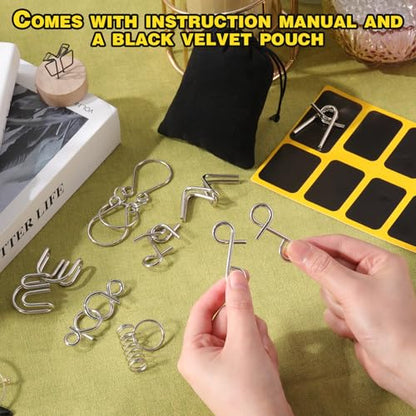 Metal Wire Puzzle Set of 8 with Pouch, Brain Teaser Puzzles IQ Test Ring Disentanglement Unlock Interlock Game Trick Metal for Party Favor Challenge(A Style) - style: A Style