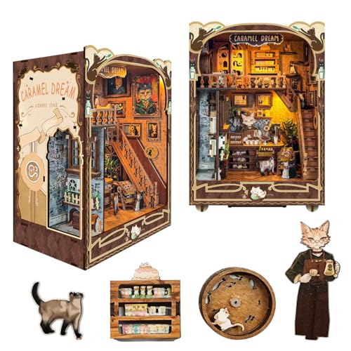 Book nooks DIY Dollhouse Kit for Adults 3D Stereo Assembly Night Light Sensing Wooden Bookend Jigsaw Building Model Gifts for Family,Friends (Caramel Dreams)