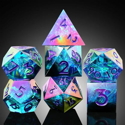 Iridescent Plating DND Dice, DNDND Handmade Resin Sharp Edge D&D Die with Gift Case for Dungeons and Dragon Tabletop Games (Iridescent Plating Green & Blue) - color: Iridescent Green and Blue
