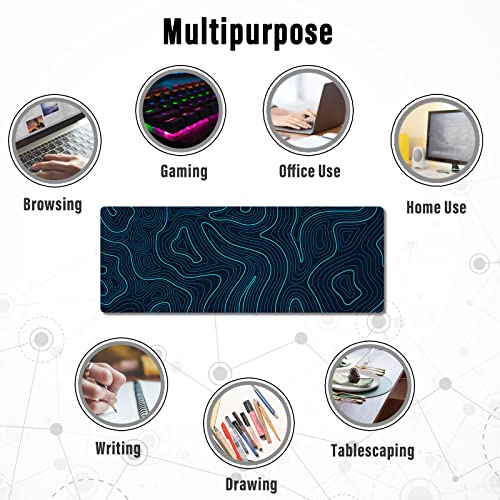 Ovenbird Gaming Mouse Pad with Stitched Edges, Topographic Map Blue Extended XL Mousepad with Anti-Slip Base, Cool Large Mouse Pad for Desk, 31.5 x 11.8 in, Blue - color: Blue Topo, size: Extended