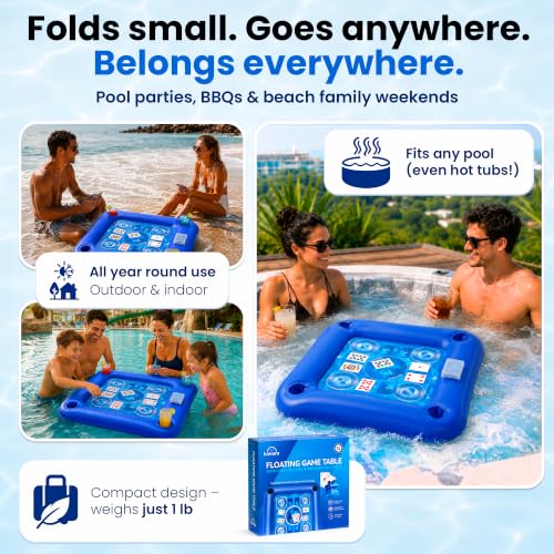 LUMARA Floating Table for Pool with Waterproof Playing Cards, Pool Games for Adults, 4 Cup Holders, Drinks and Snacks Tray, Hot Tub Party Accessory