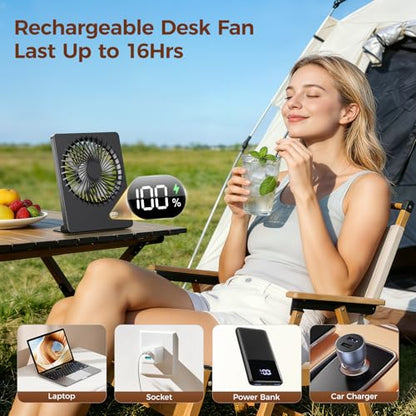Zuvas Desk Fan Small Rechargeable Battery Table Fans for travel Ultra Quiet | 180° Tilt Folding, LED Dislay, Portable Fan Slim Design, 3 Speed Adjustable, for Office Bedroom Desktop, Cruise Essentials - color: Black
