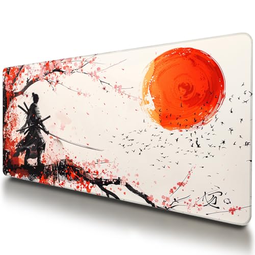 VNDL Large Japanese Gaming Mouse Pad, White and Red, Premium Non-Slip Anime Desk Pad for Office, Extended XL XXL Mouse Mat and Laptop Pad, Waterproof and Stiched Edges 31.5 x 15.7 in (sam3) - color: sam3