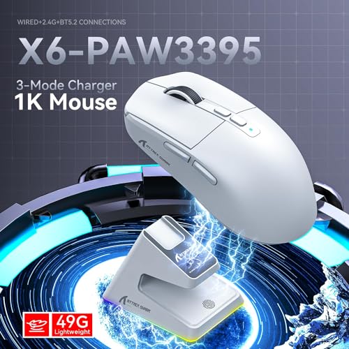 ATTACK SHARK X6 Lightweight Wireless Gaming Mouse with RGB Backlight Charging Base,Tri-Mode Wired/2.4GHz/BT5.2,26K DPI, PAW3395 Optical Sensor,HUANO Switch,5programmable Buttons,PC/Mac(White) - color: White, size: Mouse without Anti-slip sticker